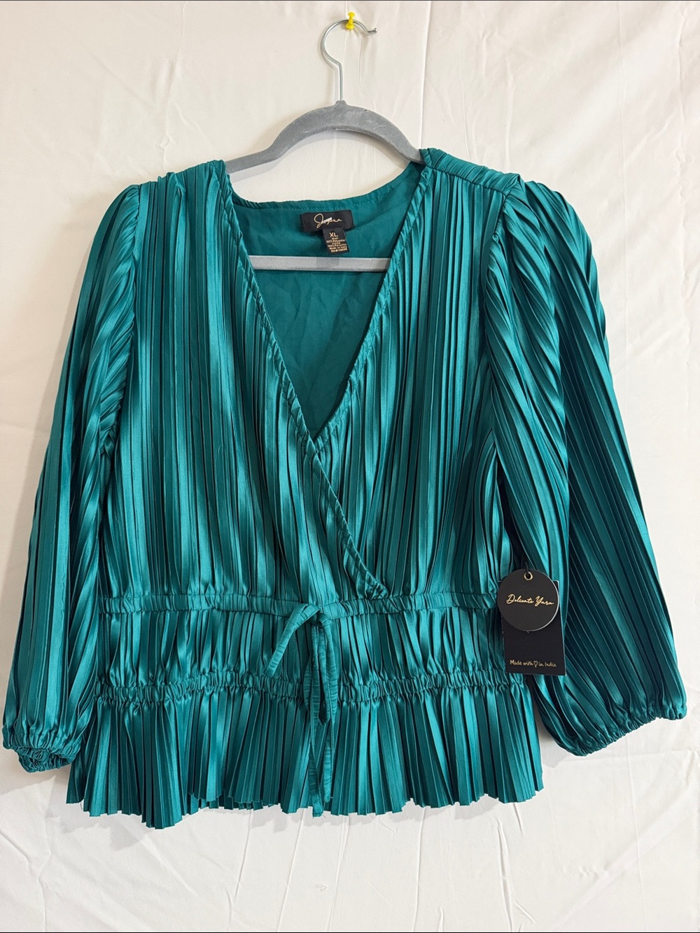 Japna Teal Pleated Wrap-Front Blouse with Tie Waist